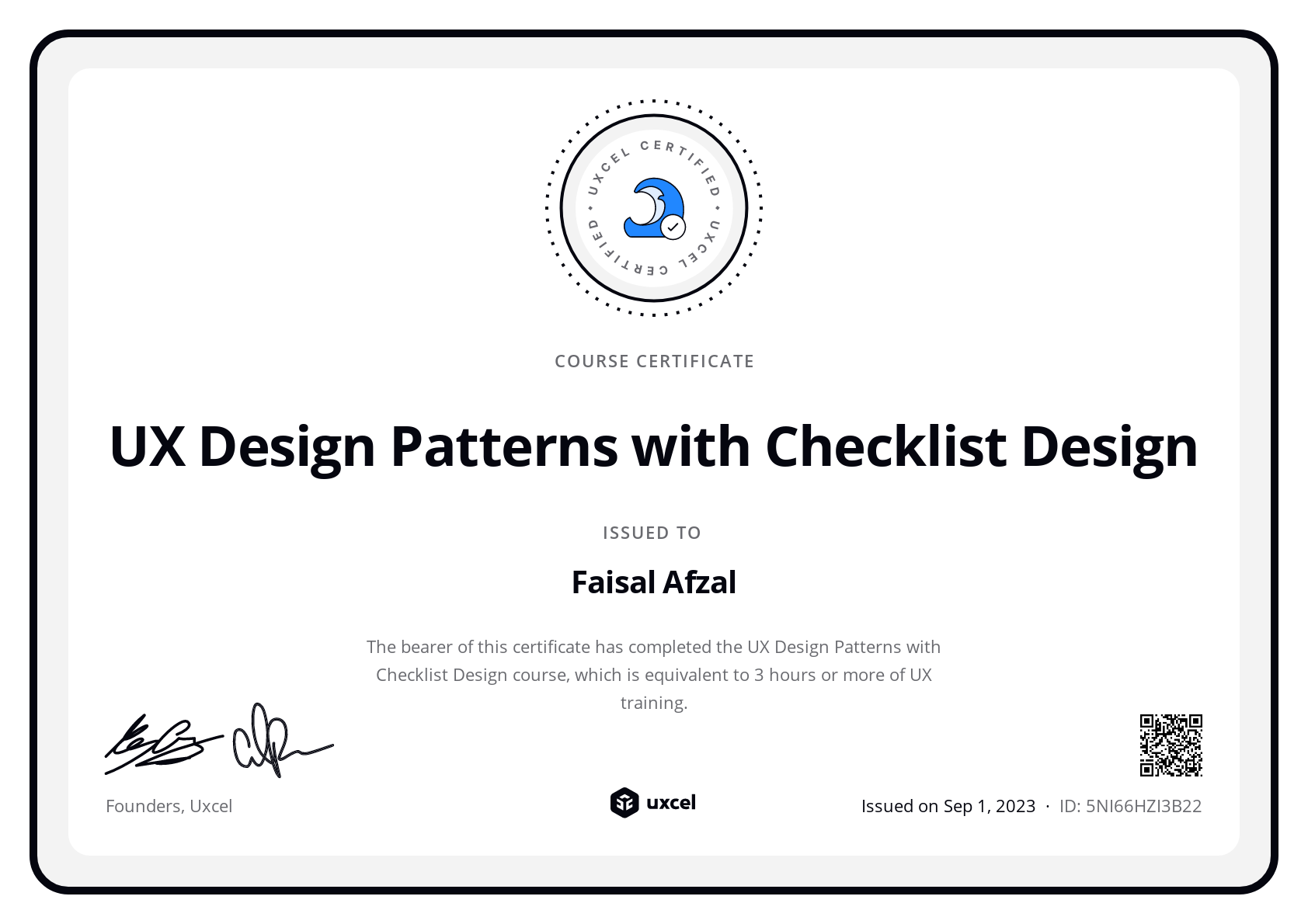 Faisal Afzal's certificate